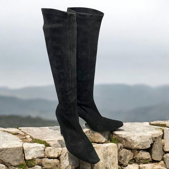Bergdorf Goodman Black Suede Stretch Pull On Heeled‎ Tall Boots - Picture 1 of 14